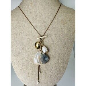 Chan Luu Gold Tone Baroque Pearl Labradorite Charm Toggle Necklace 30”